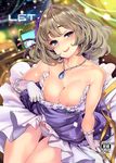  ass_visible_through_thighs bangs bare_shoulders blurry blurry_background breasts brown_hair cleavage cover depth_of_field dress eyebrows_visible_through_hair gem gloves green_eyes heterochromia highres idolmaster idolmaster_cinderella_girls jewelry large_breasts looking_at_viewer mole mole_under_eye necklace nipple_slip nipples pants parted_lips purple_dress purple_pants shiokonbu short_hair smile solo takagaki_kaede thigh_gap tongue tongue_out white_gloves 