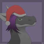  christmas dragon feral green_eyes grin hair hat holidays horn male purple_hair santa_hat scalie seren_duskflare short_hair simple_background smile solo zemble 