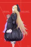  abigail_williams_(fate/grand_order) bangs black_bow black_dress black_hat blonde_hair bloomers blue_eyes bow bug butterfly character_name commentary_request cowboy_shot dress fate/grand_order fate_(series) hair_bow hat highres insect long_hair long_sleeves looking_at_viewer looking_to_the_side marumoru object_hug orange_bow parted_bangs polka_dot polka_dot_bow profile red_background simple_background sleeves_past_fingers sleeves_past_wrists solo stuffed_animal stuffed_toy teddy_bear twitter_username underwear very_long_hair white_bloomers 