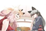  animal_ears bangs black_eyes blonde_hair board_game brand_name_imitation coca-cola eyebrows_visible_through_hair ezo_red_fox_(kemono_friends) fan folding_fan fox_ears grey_hair hair_between_eyes hakama hare_(tetterutei) high-waist_skirt highres holding holding_fan indoors japanese_clothes kemono_friends long_hair long_sleeves looking_down mouth_hold multiple_girls one_knee parted_lips red_hakama sharp_teeth shougi silver_fox_(kemono_friends) sitting skirt sparkle teeth 