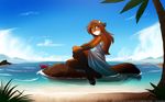  16:10 2017 anthro arthropod barefoot beach black_fur blue_eyes brown_hair canine clothed clothing crab crustacean detailed_background digitigrade dress ears_back female feral fox fur gloves_(marking) hair hi_res jewelry keidran laura_(twokinds) looking_at_viewer mammal marine markings multicolored_fur necklace orange_fur outside palm_tree pose rock sea seaside sitting sky smile socks_(marking) solo tom_fischbach tree twokinds water webcomic wet white_fur 