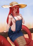  absurdres animal_ears bare_arms bare_shoulders blue_sky blush breasts cleavage closed_mouth commission cowboy_shot day hair_between_eyes hand_on_own_chest hat hat_pin highres jewelry lamia large_breasts leaning_on_object less long_hair looking_at_viewer miia_(monster_musume) monster_girl monster_musume_no_iru_nichijou naked_overalls no_bra outdoors overalls pink_lips pointy_ears ring scales signature sitting sky smile solo straw_hat wedding_band yellow_eyes 
