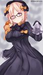  :o abigail_williams_(fate/grand_order) abigail_williams_(fate/grand_order)_(cosplay) alternate_costume bangs banned_artist black-framed_eyewear black_bow black_dress black_hat bow breasts character_doll commentary_request cosplay dress eyebrows_visible_through_hair fate/grand_order fate_(series) fujimaru_ritsuka_(female) glasses hair_bow hat head_tilt large_breasts long_sleeves looking_at_viewer mash_kyrielight orange_bow orange_hair parted_bangs parted_lips pink_hair polka_dot polka_dot_bow purple_eyes short_hair sleeves_past_fingers sleeves_past_wrists solo stuffed_animal stuffed_toy tasora teddy_bear twitter_username 