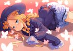  abigail_williams_(fate/grand_order) bangs black_bow black_dress black_hat blonde_hair bloomers blue_eyes blush bow bug butterfly commentary_request dress fate/grand_order fate_(series) garun_wattanawessako hair_bow hat insect long_hair long_sleeves looking_at_viewer lying on_side orange_bow parted_bangs parted_lips polka_dot polka_dot_bow sleeves_past_wrists solo underwear very_long_hair white_bloomers 
