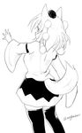 animal_ears arm_up black_legwear black_skirt breasts from_behind greyscale hat inubashiri_momiji looking_at_viewer looking_back medium_breasts monochrome pom_pom_(clothes) skirt tail taurine_8000mg thighhighs tokin_hat touhou twitter_username wide_sleeves wolf_ears wolf_tail zettai_ryouiki 