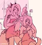  2017 anthro breasts brushing_hair cat cleavage clothed clothing detailed_background digital_media_(artwork) duo feline female hair mammal naked_towel pink_hair smile tiger towel zummeng 