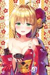  :d ahoge alcohol bangs bare_shoulders blonde_hair blush bow breasts checkered cleavage collarbone cup eyebrows_visible_through_hair fate/grand_order fate_(series) floral_print flower green_eyes hair_between_eyes hair_bow hair_flower hair_intakes hair_ornament hands_up head_tilt holding japanese_clothes kimono large_breasts long_sleeves looking_at_viewer masuishi_kinoto nero_claudius_(fate)_(all) off_shoulder open_mouth print_kimono red_bow red_flower red_kimono red_rose rose rose_print sakazuki sake sidelocks simple_background smile solo wide_sleeves yellow_flower yellow_rose 