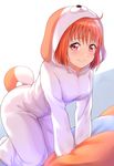  ahoge all_fours animal_costume bangs cosplay dog_costume hood kanabun kigurumi long_sleeves looking_at_viewer love_live! love_live!_sunshine!! orange_hair pajamas red_eyes shiitake_(love_live!_sunshine!!) shiitake_(love_live!_sunshine!!)_(cosplay) smile solo tail takami_chika 