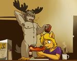  2017 anthro antlers armpit_hair arrwulf beverage casual_nudity cat cervine clothed clothing coffee convenient_censorship duo eyes_closed feline food horn hot_dog male mammal moose morning navel nipples nude open_mouth pubes yawn 