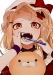  artist_name blonde_hair bow brushing_another's_teeth brushing_teeth dated diamond_(shape) fangs fingernails flandre_scarlet gotoh510 hair_ornament hairclip hat hat_bow highres long_hair looking_at_viewer mob_cap open_mouth out_of_frame pointy_ears pov pov_hands red_bow red_eyes signature simple_background solo_focus stuffed_toy toothbrush touhou upper_body white_background white_hat wings wristband 