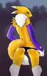  blue_eyes canine chest_tuft digimon elbow_gloves female fox fritzlesticks fur gloves looking_at_viewer looking_back mammal renamon solo standing tuft underwear undressing white_fur yellow_fur yin_yang 