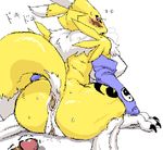  anthro anus blush breasts butt canine claws digimon digimon_tamers duo female fox gaping gaping_anus looking_back mammal penis plain_background pussy renamon unknown_artist white_background 