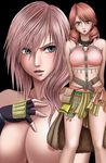  &eacute;clair_farron 2girls areolae blue_eyes breasts crimson_comics earrings final_fantasy final_fantasy_xiii fingerless_gloves gloves green_eyes jewelry large_breasts lightning lightning_farron long_hair looking_at_viewer multiple_girls oerba_dia_vanille pink_hair topless 