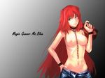  aozaki_aoko bad_id bad_pixiv_id black_maria blue_eyes bracelet breasts chain collar denim hand_on_hip jeans jewelry large_breasts leash long_hair nipples pants red_hair solo spiked_bracelet spikes suitcase topless tsukihime 