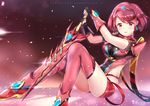  breasts chinchongcha earrings fingerless_gloves gloves highres homura_(xenoblade_2) impossible_clothes jewelry large_breasts leotard looking_at_viewer open_mouth petals red_eyes red_hair short_hair short_shorts shorts sitting solo sword thighhighs tiara weapon xenoblade_(series) xenoblade_2 