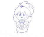  2015 animal_crossing anthro beverage canine clothed clothing coffee cute dog english_text female fur hair isabelle_(animal_crossing) joey-darkmeat looking_at_viewer mammal monochrome nintendo open_mouth simple_background smile solo standing text traditional_media_(artwork) video_games 