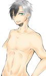  green_eyes grey_hair kyousuke1008 looking_at_viewer ludger_will_kresnik male_focus multicolored_hair naughty_face nude solo tales_of_(series) tales_of_xillia tales_of_xillia_2 two-tone_hair upper_body 