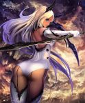  1girl artist_request ass backless_outfit blonde_hair blue_eyes cloud cloudy_sky cygames dark_skin demon_girl dual_wielding elbow_gloves gloves holding horns long_hair looking_at_viewer looking_back official_art pantyhose reverse_grip ribbon shadowverse sky solo sword sylvia_the_condemner thighhighs weapon 