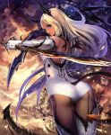  1girl artist_request ass backless_outfit blonde_hair blue_eyes cloud cloudy_sky cygames dark_skin demon_girl demon_tail demon_wings dual_wielding elbow_gloves gloves halo holding horns long_hair looking_at_viewer looking_back mini_wings official_art pantyhose reverse_grip ribbon shadowverse sky solo sword sylvia_the_condemner tail thighhighs weapon wings 