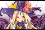  abigail_williams_(fate/grand_order) bangs bare_shoulders blush bow closed_mouth eyebrows_visible_through_hair fate/grand_order fate_(series) glowing hat keyhole long_hair looking_at_viewer parted_bangs polka_dot polka_dot_bow purple_bow purple_hat red_eyes ruto_(rutodesu) solo stuffed_animal stuffed_toy suction_cups teddy_bear tentacles witch_hat yellow_bow 