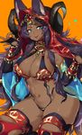  :p animal_ears aqua_eyes ass breasts bridal_gauntlets cleavage dark_skin ears_through_headwear fate/grand_order fate_(series) gem highres hood horns jewelry large_breasts long_hair navel purple_hair queen_of_sheba_(fate/grand_order) skindentation smile solo suurin_(ksyaro) thick_thighs thighs tongue tongue_out 