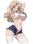  arms_behind_head arms_up ass_visible_through_thighs blonde_hair breasts bunching_hair commentary_request denim denim_shorts gemu555 girls_und_panzer green_eyes hair_intakes kay_(girls_und_panzer) large_breasts long_hair midriff mouth_hold navel short_shorts shorts simple_background solo tank_top thighhighs torn_clothes underboob white_background white_legwear 
