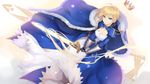  ahoge armor artoria_pendragon_(all) avalon_(fate/stay_night) blonde_hair blue_cape blue_dress braid breasts bzerox cape cleavage commentary_request crown dress excalibur fate/stay_night fate_(series) fur_trim gauntlets green_eyes hair_between_eyes headwear_removed holding holding_sword holding_weapon juliet_sleeves long_sleeves looking_at_viewer medium_breasts parted_lips puffy_sleeves saber short_hair solo sword v-shaped_eyebrows weapon 