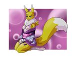  2017 ajvulpes black_sclera breasts canine clothing digimon female fluffy fluffy_tail fur japanese_clothing kimono mammal nipples renamon solo yellow_fur 