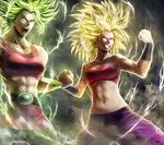  absurdres aura bandeau blue_eyes caulifla dragon_ball dragon_ball_super earrings glowing glowing_hair highres holding_hands jewelry kale_(dragon_ball) multiple_girls muscle muscular_female navel open_mouth shorts shorts_under_skirt skirt smile spiked_hair stomach super_saiyan tete_(amakuchichiyoko) 