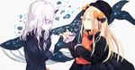  a_o_ume abigail_williams_(fate/grand_order) albino black_bow black_dress black_hat blonde_hair blush bow closed_eyes commentary_request dress fate/grand_order fate_(series) hair_bow hat holding holding_stuffed_animal lavinia_whateley_(fate/grand_order) long_hair long_sleeves multiple_girls no_pupils orange_bow pink_eyes pinky_swear ribbed_dress sleeves_past_wrists smile stuffed_animal stuffed_toy teddy_bear whale white_hair white_skin 