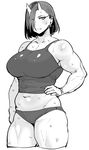  asymmetrical_bangs bangs belly breasts cropped_legs curvy earrings elf-san_wa_yaserarenai. fang_out greyscale hair_over_one_eye hand_on_hip highres huge_breasts jewelry looking_at_viewer monochrome muscle muscular_female navel oga-san oni oni_horns panties plump pointy_ears short_hair simple_background slit_pupils standing sweat synecdoche tank_top thick_thighs thighs underwear white_background 