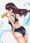  ass bangs blush bottle brown_eyes brown_hair competition_swimsuit cowboy_shot drinking dutch_angle eyebrows_visible_through_hair floating_hair from_behind hand_on_hip highres holding holding_bottle long_hair one-piece_swimsuit original profile simple_background solo swimsuit tareme thighs toumin water_bottle wedgie white_background 