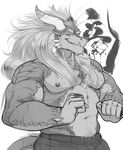  anthro belt biceps claws clothed clothing dragon ear_piercing flexing hair half_portrait horn invalid_tag jewelry long_hair looking_at_viewer male monochrome muscular muscular_male necklace nipples pants partially_clothed pecs piercing repzzmonster ring scales signature smile solo 