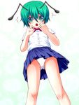  1girl :o antennae ass_visible_through_thighs bare_legs blue_skirt blush bow bowtie bubble_background commentary_request dress_shirt dutch_angle eyebrows_visible_through_hair feet_out_of_frame green_background green_eyes green_hair hair_between_eyes hands_up highres looking_at_viewer looking_down mofupaka open_mouth panties pantyshot pantyshot_(standing) pleated_skirt raised_eyebrows red_neckwear school_uniform shirt short_hair short_sleeves skirt solo standing touhou underwear white_panties white_shirt wide-eyed wind wind_lift wriggle_nightbug 