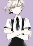  androgynous black_neckwear closed_mouth collared_shirt crossed_arms eyebrows_visible_through_hair eyes_visible_through_hair fingernails gem_uniform_(houseki_no_kuni) goshenite_(houseki_no_kuni) grey_eyes grey_nails highres houseki_no_kuni looking_at_viewer monsieur nail_polish necktie purple_background shirt short_hair short_sleeves shorts silver_hair simple_background smile solo standing suspender_shorts suspenders upper_body white_shirt wing_collar 