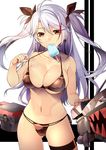  ass_visible_through_thighs azur_lane bangs bare_arms bare_shoulders bikini bikini_lift breasts brown_bikini brown_eyes byte_(allbyte) cameltoe cowboy_shot eyebrows_visible_through_hair fingernails food food_in_mouth hair_between_eyes highres large_breasts legband lifted_by_self long_hair machinery mouth_hold navel popsicle prinz_eugen_(azur_lane) purple_hair side-tie_bikini skindentation solo standing swimsuit two_side_up 