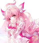  1girl ahoge black_joa elsword eyebrows_visible_through_hair fluffy highres laby_(elsword) lolita_fashion long_hair mirror pink_hair pointy_ears radiant_soul_(elsword) ribbon smile twintails very_long_hair 