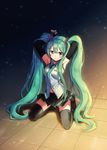  absurdres ahoge aqua_eyes aqua_hair arms_up blush detached_sleeves eyebrows_visible_through_hair full_body hatsune_miku highres kneeling long_hair looking_at_viewer necktie skirt smile solo thighhighs twintails very_long_hair vocaloid yimn-fletcher 