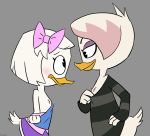  anthro avian bird blush bottomless breasts clothed clothing cub disney duck ducktales ducktales_(2017) duo exposed_breasts female female/female flat_chested grey_background hair hair_bow hair_ribbon hand_on_hip kuruko lena_(ducktales) nipples ribbons shirt short_hair simple_background skirt smile stripes webby_vanderquack young 