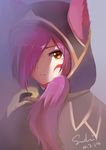  absurdres animal_ears artist_name closed_mouth commentary_request dated facial_mark feathers hair_over_one_eye half-closed_eyes highres league_of_legends looking_at_viewer one_eye_covered purple_hair side_ponytail solo sush_(sushi7023) xayah yellow_eyes 