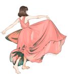  bare_arms bare_shoulders barefoot brown_hair closed_eyes dancing dress from_behind full_body long_dress original red_dress short_hair signature simple_background skirt_hold solo standing umishima_senbon white_background 