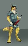  2017 5_fingers animal_genitalia animal_penis anthro balls brown_fur canine canine_penis clothed clothing digitigrade dog erection fur german_shepherd green_eyes hat homogenousrule knot long_penis looking_at_viewer male mammal partially_clothed penis police shorts simple_background smile solo standing uniform whiskers white_fur yellow_fur 