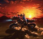  absurdres blue_eyes dust ground_vehicle highres link looking_at_viewer male_focus master_sword motor_vehicle motorcycle mountain official_art pointy_ears ponytail riding scabbard serious sheath solo sword the_legend_of_zelda the_legend_of_zelda:_breath_of_the_wild weapon 