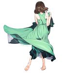  bare_arms bare_shoulders barefoot brown_hair dancing dress facing_away from_behind full_body green_dress long_dress original short_hair signature simple_background skirt_hold solo standing umishima_senbon white_background 