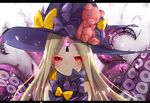  abigail_williams_(fate/grand_order) bangs bare_shoulders blush bow closed_mouth commentary_request eyebrows_visible_through_hair fate/grand_order fate_(series) glowing hat keyhole long_hair looking_at_viewer parted_bangs polka_dot polka_dot_bow purple_bow purple_hat red_eyes ruto_(rutodesu) solo stuffed_animal stuffed_toy suction_cups teddy_bear tentacles witch_hat yellow_bow 