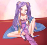  1girl absurdres artist_request bare_legs blush bottle breasts cleavage dress fate/grand_order fate_(series) hair_ornament holding loli long_hair long_sleeves looking_at_viewer medium_breasts pink_eyes purple_hair robe sitting solo spread_legs tagme thighs twintails wide_sleeves wu_zetian_(fate/grand_order) 