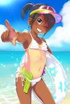  ;) beach bikini black_hair blue_sky bracelet cloud commentary_request day flat_chest grin hand_on_hip highres in_swimsuit innertube jewelry kikurage_(crayon_arts) light_rays looking_at_viewer navel one-piece_tan one_eye_closed original outdoors outstretched_arm parted_lips pointing pointing_at_viewer ponytail short_hair short_ponytail side-tie_bikini sky smile solo string_bikini sunbeam sunlight swimsuit tan tanline teeth visor_cap water water_gun white_bikini 