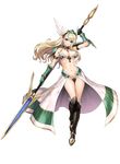  absurdres arm_strap arm_up armor armored_boots bangs bare_shoulders bikini_armor bikini_warriors blonde_hair blue_eyes boots breasts cleavage earrings eyebrows_visible_through_hair frills full_body gauntlets greaves hairband highres holding holding_weapon jewelry large_breasts long_hair looking_at_viewer navel official_art polearm scan skirt solo spear tanaka_takayuki transparent_background valkyrie_(bikini_warriors) very_long_hair weapon winged_hairband 