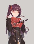  alternate_costume bangs belt_buckle black_coat blush breasts buckle closed_mouth coat enpera eyebrows_visible_through_hair girls_frontline gloves grey_background hair_ornament hair_ribbon half-closed_eyes highres holding_scarf jewelry jiachong_jun_z long_hair long_sleeves looking_at_viewer medium_breasts miniskirt necktie one_side_up open_clothes overcoat plaid plaid_skirt pleated_skirt purple_hair red_eyes red_neckwear red_ribbon red_scarf ribbon ring scarf school_uniform shirt simple_background skirt snowflake_hair_ornament snowflake_print solo tsurime very_long_hair wa2000_(girls_frontline) wedding_band white_gloves white_shirt winter_clothes winter_coat 