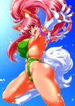  1girl animal_ears ass bare_legs bare_shoulders breasts cat_ears curvy fangs female gradient_background happy highres large_breasts leotard looking_at_viewer open_mouth partially_visible_vulva paw_print perisie_(star_ocean) pink_hair ponytail red_eyes ryoi shiny shiny_clothes shiny_hair shiny_skin sideboob simple_background smile solo star_ocean star_ocean_first_departure thighs thong_leotard very_long_hair 